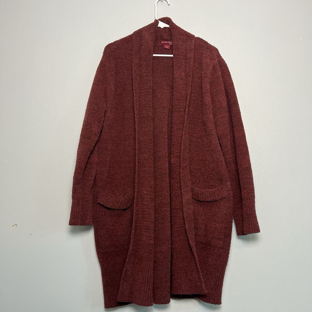 Barefoot Dreams Womens Cozychic Open Front Cardigan Sz L Long Burgundy Lounge